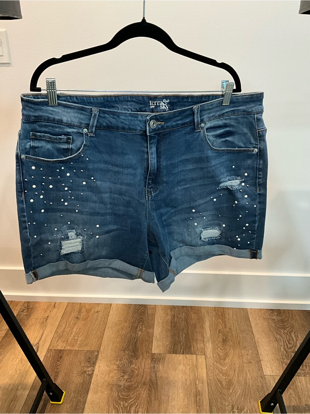Terra & Sky Blue Distressed Denim Shorts with Silver Studs
